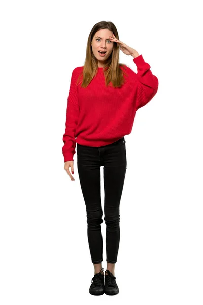 Full Length Shot Young Woman Red Sweater Has Just Realized — Stock Photo, Image