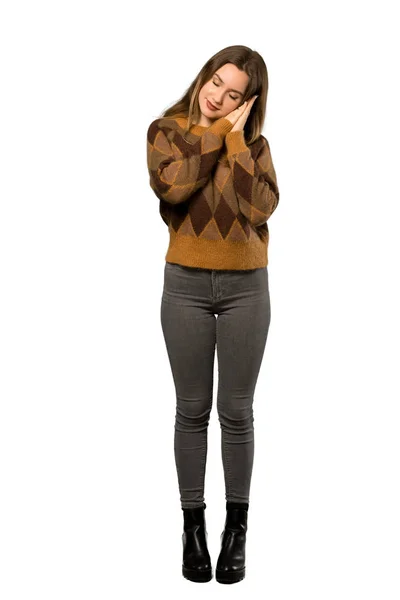 Una Toma Completa Una Adolescente Con Suéter Marrón Haciendo Gesto — Foto de Stock
