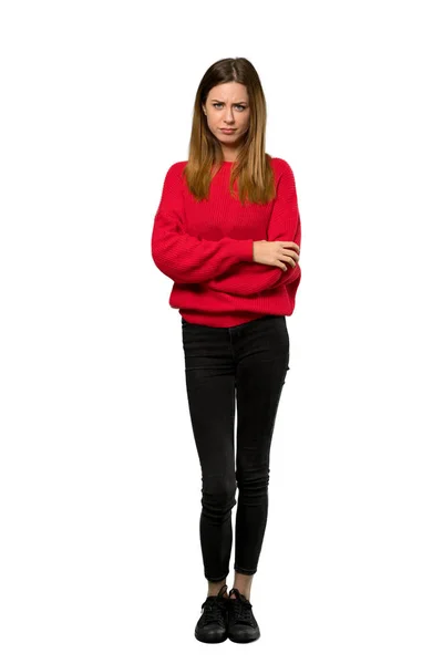 Plan Complet Une Jeune Femme Avec Pull Rouge Sentant Bouleversée — Photo