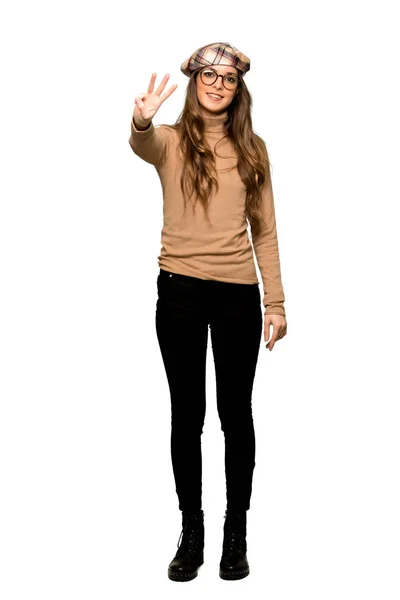 Повнометражний Знімок Молодої Жінки Беретом Щасливий Рахуючи Трьох Пальцями Ізольованому — стокове фото