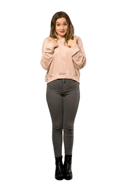 Full Length Shot Teenager Girl Pink Sweater Surprise Facial Expression — Stock Photo, Image