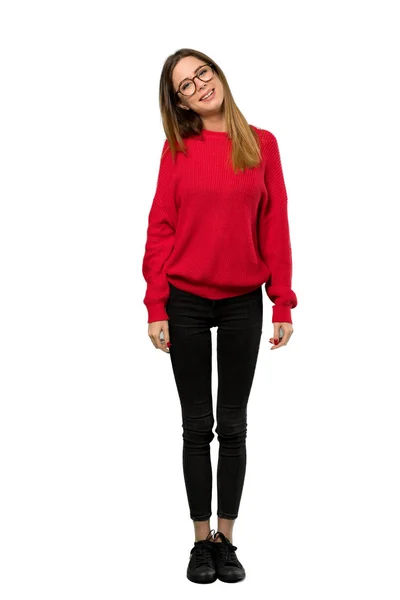 Full Length Shot Young Woman Red Sweater Glasses Happy Isolated — Stock Photo, Image