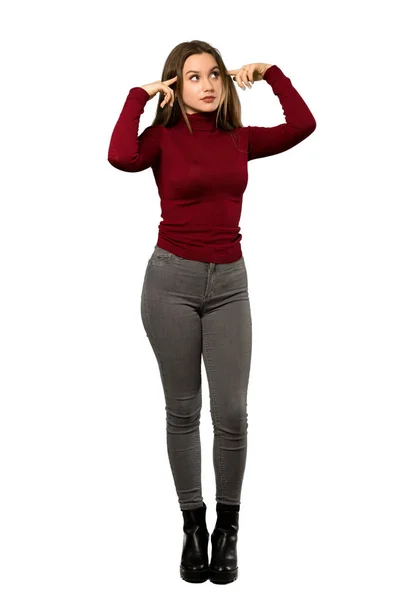 Full Length Shot Teenager Girl Turtleneck Having Doubts Thinking Isolated — Stock Photo, Image