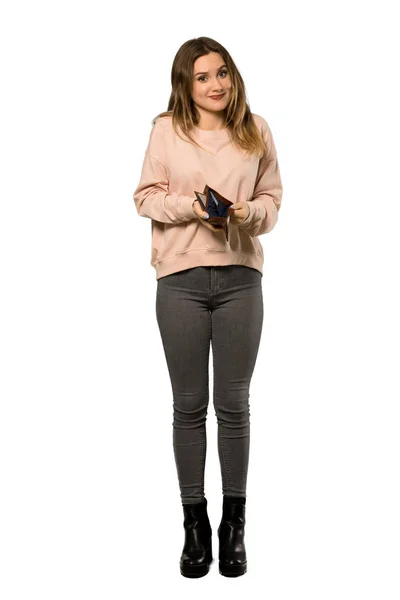 Полная Фотография Девочки Подростка Розовом Свитере Бумажником Изолированном Белом Фоне — стоковое фото