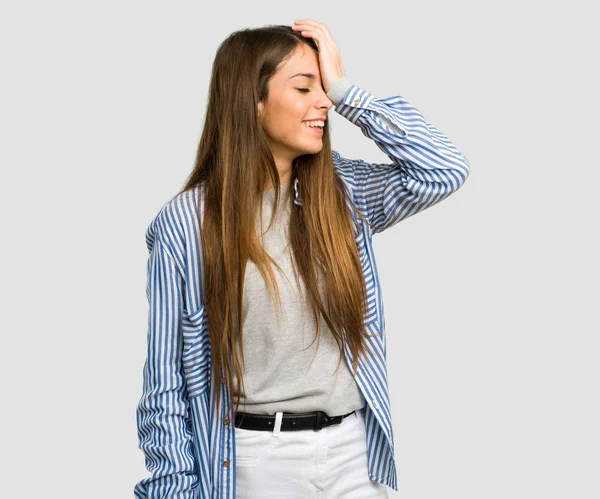 Giovane Ragazza Con Camicia Righe Appena Realizzato Qualcosa Intenzione Soluzione — Foto Stock