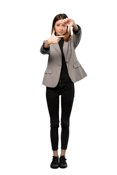 Full Length Shot Business Woman Focusing Face Framing Symbol Isolated — Stock Photo, Image