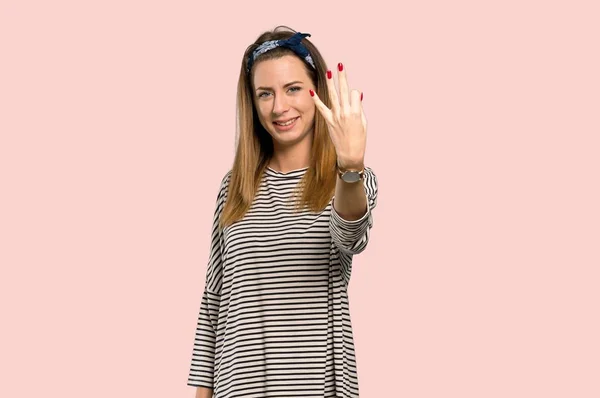 Young Woman Headscarf Happy Counting Three Fingers Isolated Pink Background — Stock Photo, Image