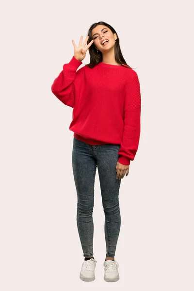 Full Length Shot Teenager Girl Red Sweater Happy Counting Four — Stock Photo, Image
