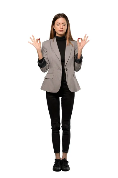 Full Length Shot Business Woman Zen Pose Isolated White Background — Stock Photo, Image