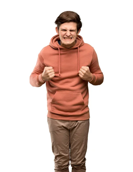 Tiener Man Met Sweatshirt Gefrustreerd Door Een Slechte Situatie Geïsoleerde — Stockfoto