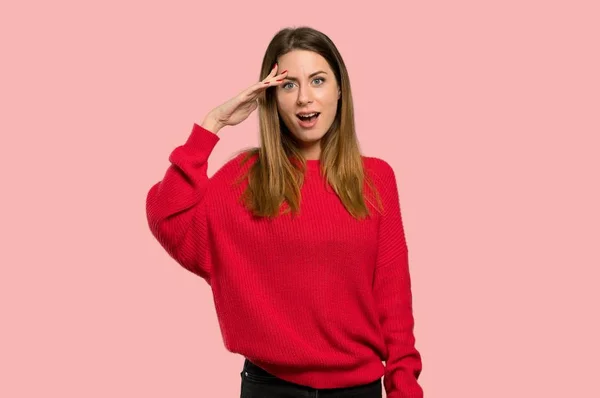 Young Woman Red Sweater Has Just Realized Something Has Intending — Stock Photo, Image