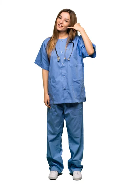 Full Body Young Nurse Making Phone Gesture Call Back Sign — Stock Photo, Image