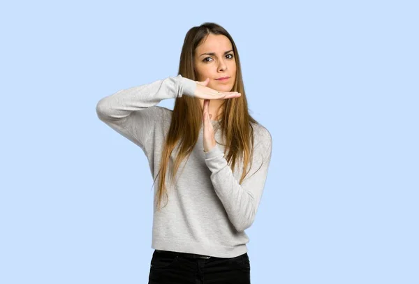 Young Girl Making Stop Gesture Her Hand Stop Act Blue — Stock Photo, Image