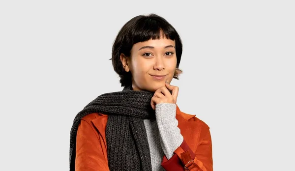 Short Hair Woman Coat Thinking Idea While Looking Isolated Grey — Stock Photo, Image