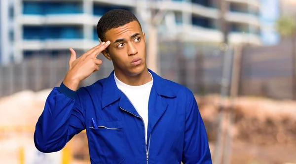 Young Afro American Worker Man Problems Making Suicide Gesture Construction — Stock Photo, Image
