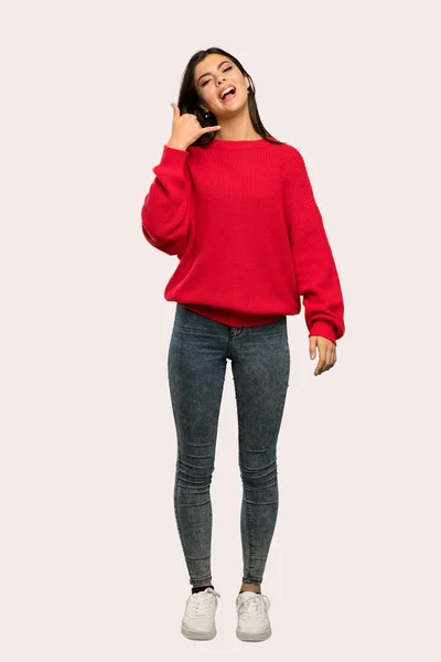 Full Length Shot Teenager Girl Red Sweater Making Phone Gesture — Stock Photo, Image