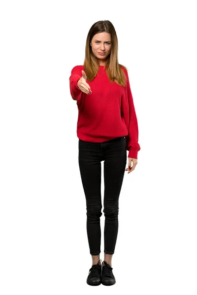 Full Length Shot Young Woman Red Sweater Shaking Hands Closing — Stock Photo, Image