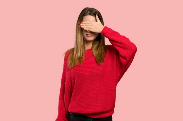 Young Woman Red Sweater Covering Eyes Hands Want See Something — Stock Photo, Image