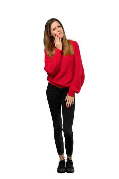 Eine Ganzkörperaufnahme Einer Jungen Frau Mit Rotem Pullover Mit Zahnschmerzen — Stockfoto