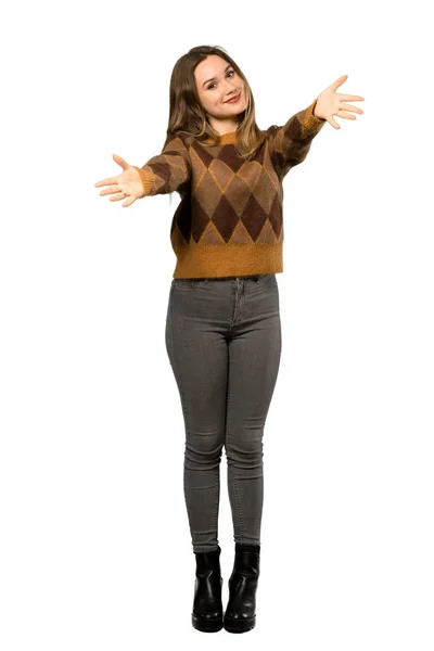 Uma Foto Completa Uma Adolescente Com Camisola Marrom Apresentando Convidando — Fotografia de Stock