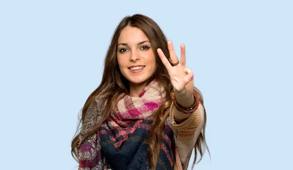 Young Hippie Woman Happy Counting Three Fingers Isolated Blue Background — Stock Photo, Image