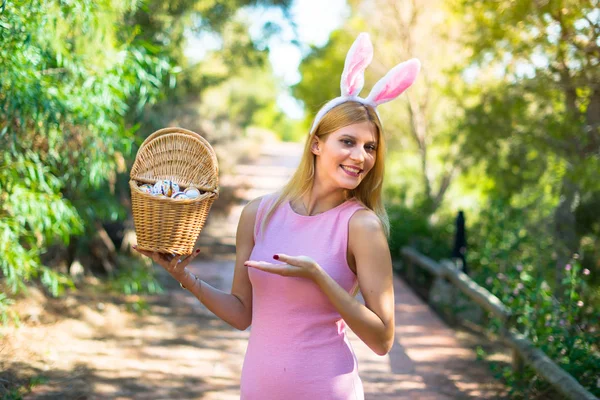 Young Blonde Woman Wearing Bunny Ears Colorful Easter Eggs — Stock Photo, Image