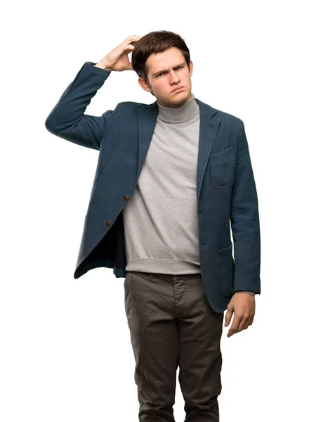 Adolescente Homem Com Gola Alta Ter Dúvidas Coçar Cabeça Sobre — Fotografia de Stock