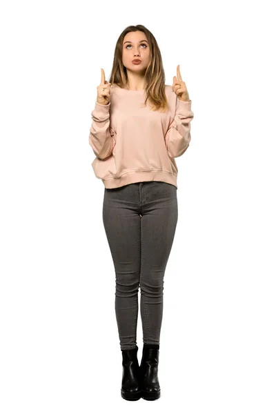 Full Length Shot Teenager Girl Pink Sweater Pointing Surprised Isolated — Stock Photo, Image