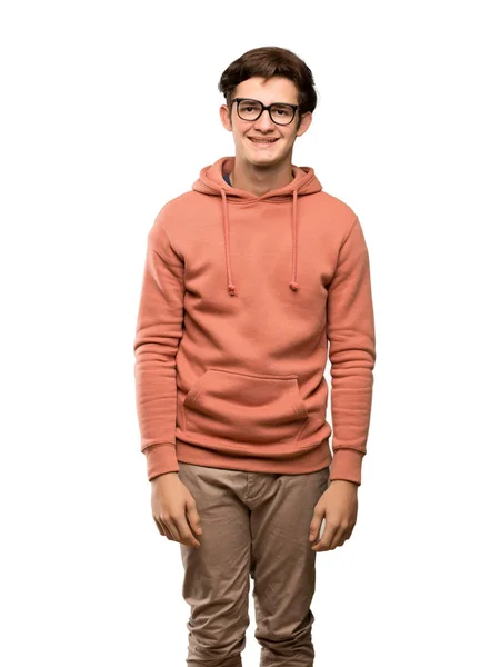 Tonåringen Man Med Sweatshirt Med Glasögon Och Glad Över Isolerade — Stockfoto