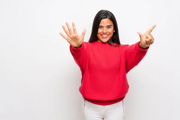 Junge Kolumbianische Mädchen Mit Rotem Pullover Zählen Sieben Mit Den — Stockfoto
