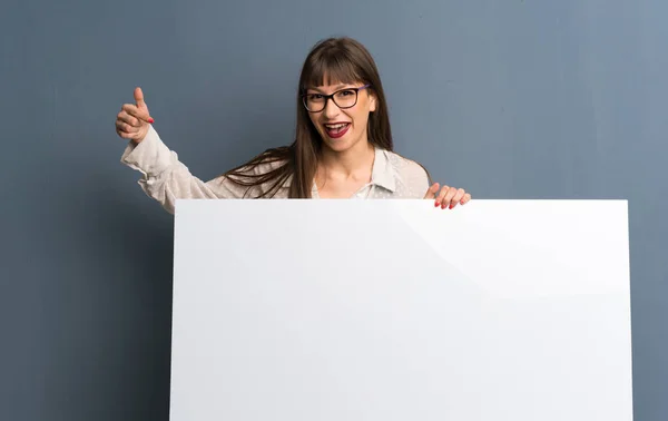 Woman Glasses Blue Wall Holding Placard Insert Concept — Stock Photo, Image