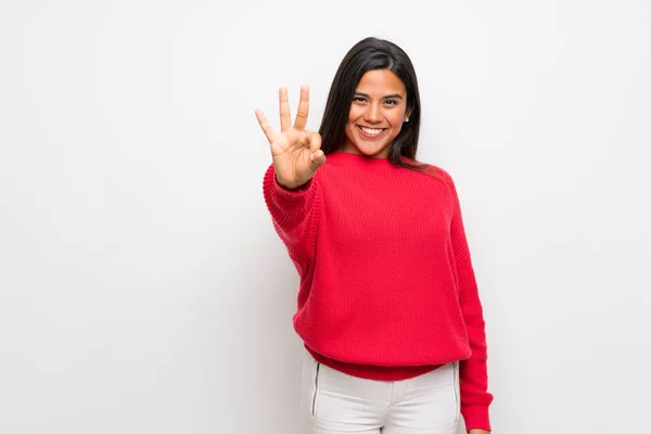 Κολομβιανή Κορίτσι Κόκκινο Πουλόβερ Ευτυχισμένη Και Μετρώντας Τρεις Δάχτυλα — Φωτογραφία Αρχείου