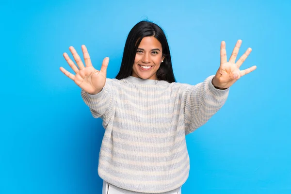 Colombianen Met Trui Negen Met Vingers Tellen — Stockfoto