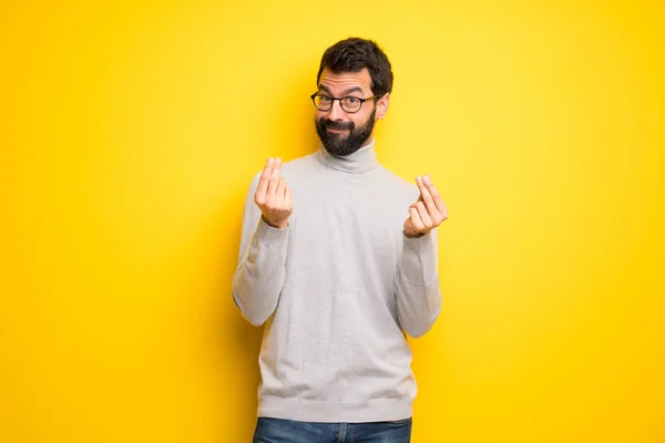 Man Beard Turtleneck Making Money Gesture — Stock Photo, Image