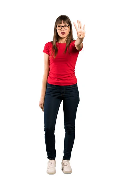 Full Length Shot Woman Glasses Happy Counting Four Fingers — Stock Photo, Image