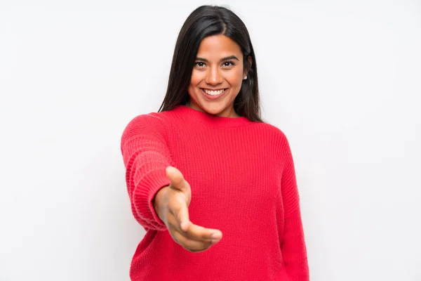 Colombiaans Meisje Met Bril Handshaking Goede Deal — Stockfoto