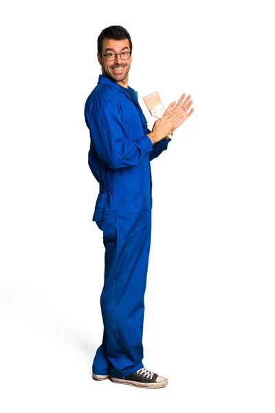 Full Length Shot Painter Man Applauding Presentation Conference Isolated White — Stock Photo, Image