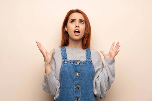 Young Redhead Woman Isolated Background Frustrated Bad Situation — Stock Photo, Image