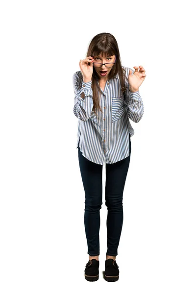 Kadın Tam Uzunlukta Atış Gözlük Gözlük Sürpriz — Stok fotoğraf