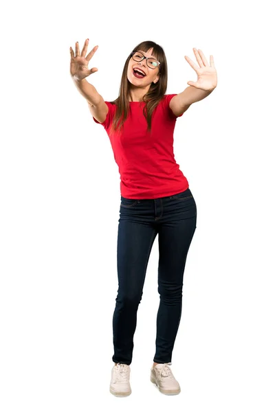 Ganzkörperaufnahme Einer Frau Mit Brille Die Mit Den Fingern Zehn — Stockfoto