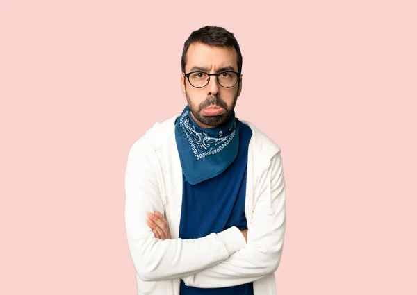 Hombre Guapo Con Gafas Con Expresión Triste Deprimida Sobre Fondo —  Fotos de Stock