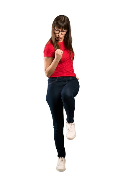 Tiro Completo Mulher Com Óculos Celebrando Uma Vitória Posição Vencedor — Fotografia de Stock