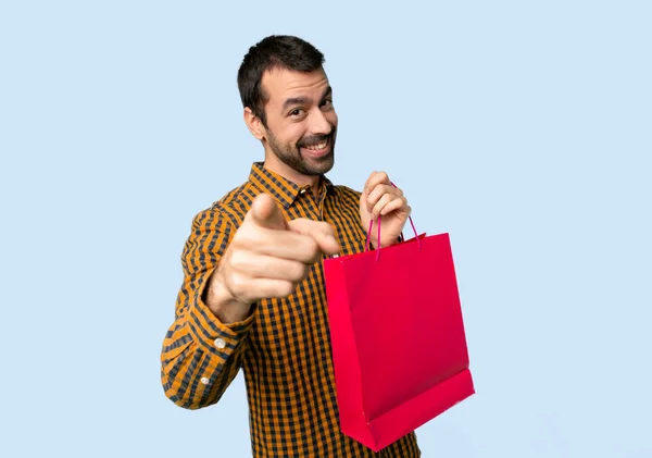 Ember Bevásárló Táskák Pont Ujját Számára Egy Magabiztos Kifejezés Elszigetelt — Stock Fotó