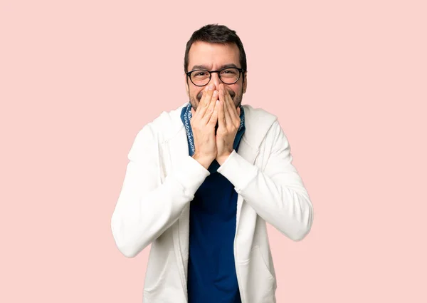 Handsome Man Glasses Smiling Lot While Covering Mouth Isolated Pink — Stock Photo, Image