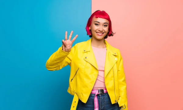 Young Woman Yellow Jacket Happy Counting Three Fingers — Stock Photo, Image