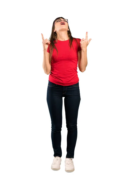 Full Length Shot Woman Glasses Surprised Pointing — Stock Photo, Image