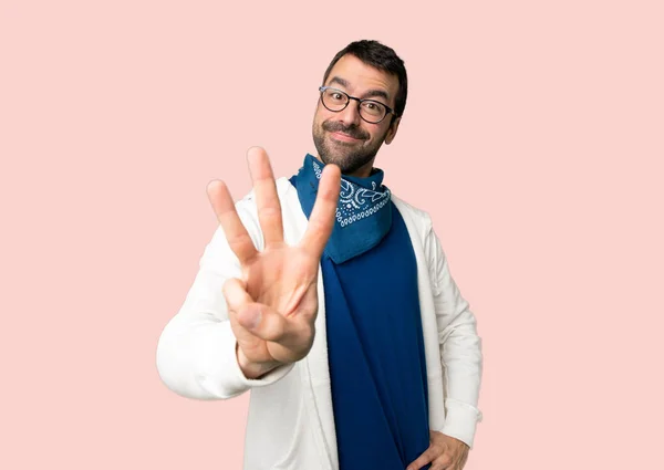 Hombre Guapo Con Gafas Feliz Contando Tres Con Los Dedos —  Fotos de Stock