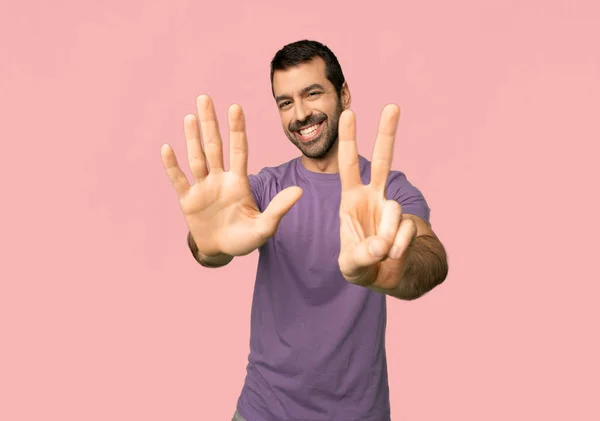 Handsome Man Counting Seven Fingers Isolated Pink Background — Stock Photo, Image