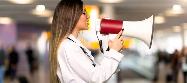 Young Doctor Woman Shouting Megaphone Hospital Stock Picture