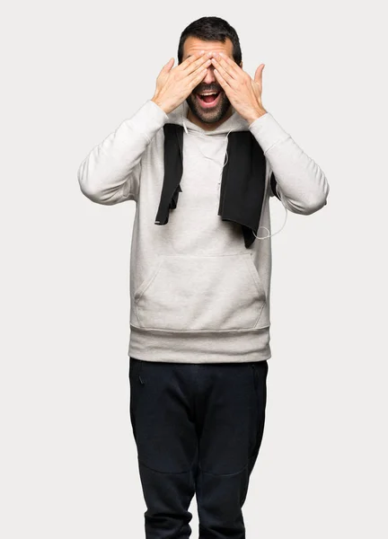 Sport Man Covering Eyes Hands Surprised See What Ahead Isolated — Stock Photo, Image